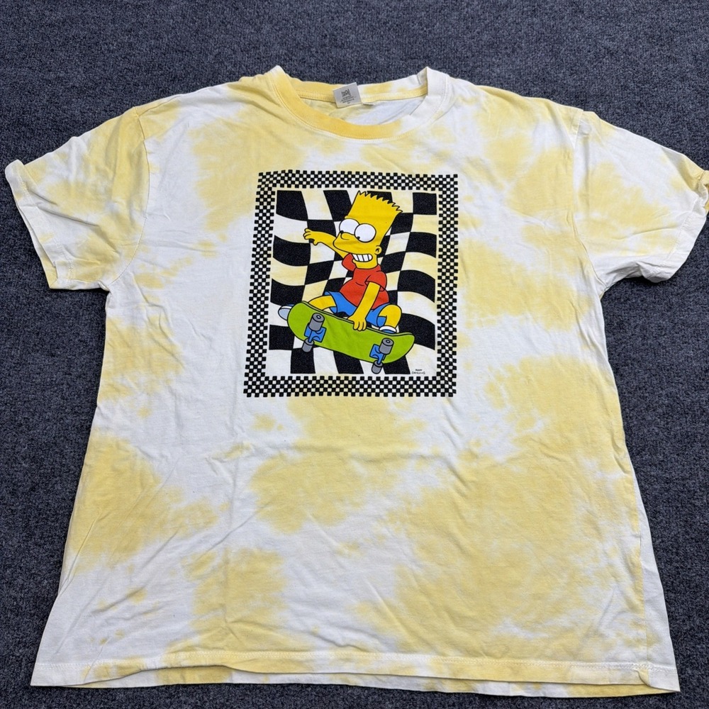 The Simpsons T-Shirt Mens XL Yellow White Tie Dye Bart On Skateboard Graphic